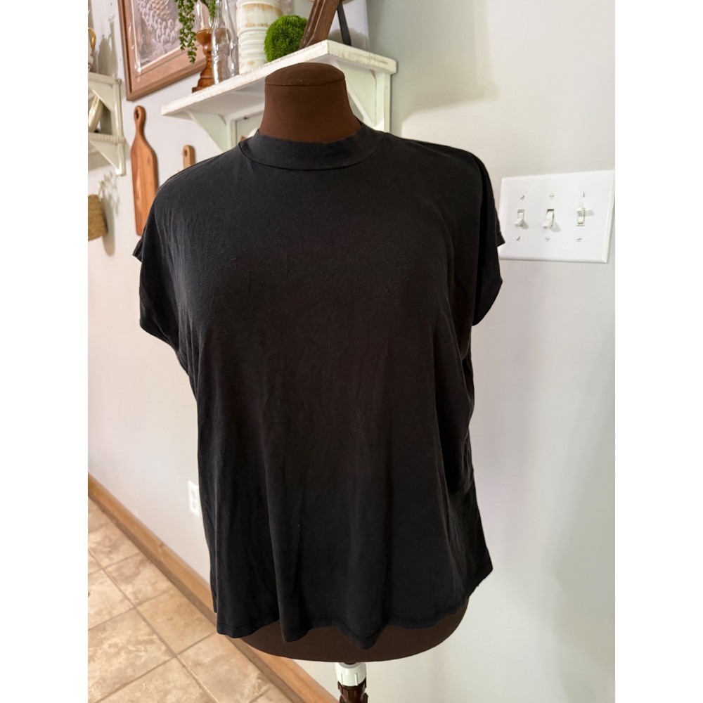 Eileen Fisher Black Tencel Lyocell Mock Neck Cap Sleeve Boxy Top XS